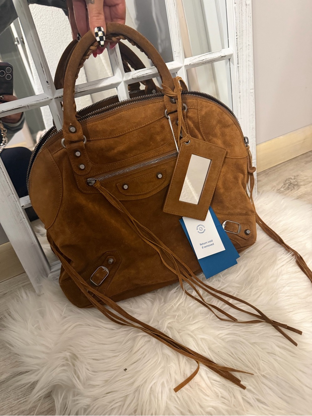 Balenciaga suede fringe city tote RARE large Cognac brown moto bag